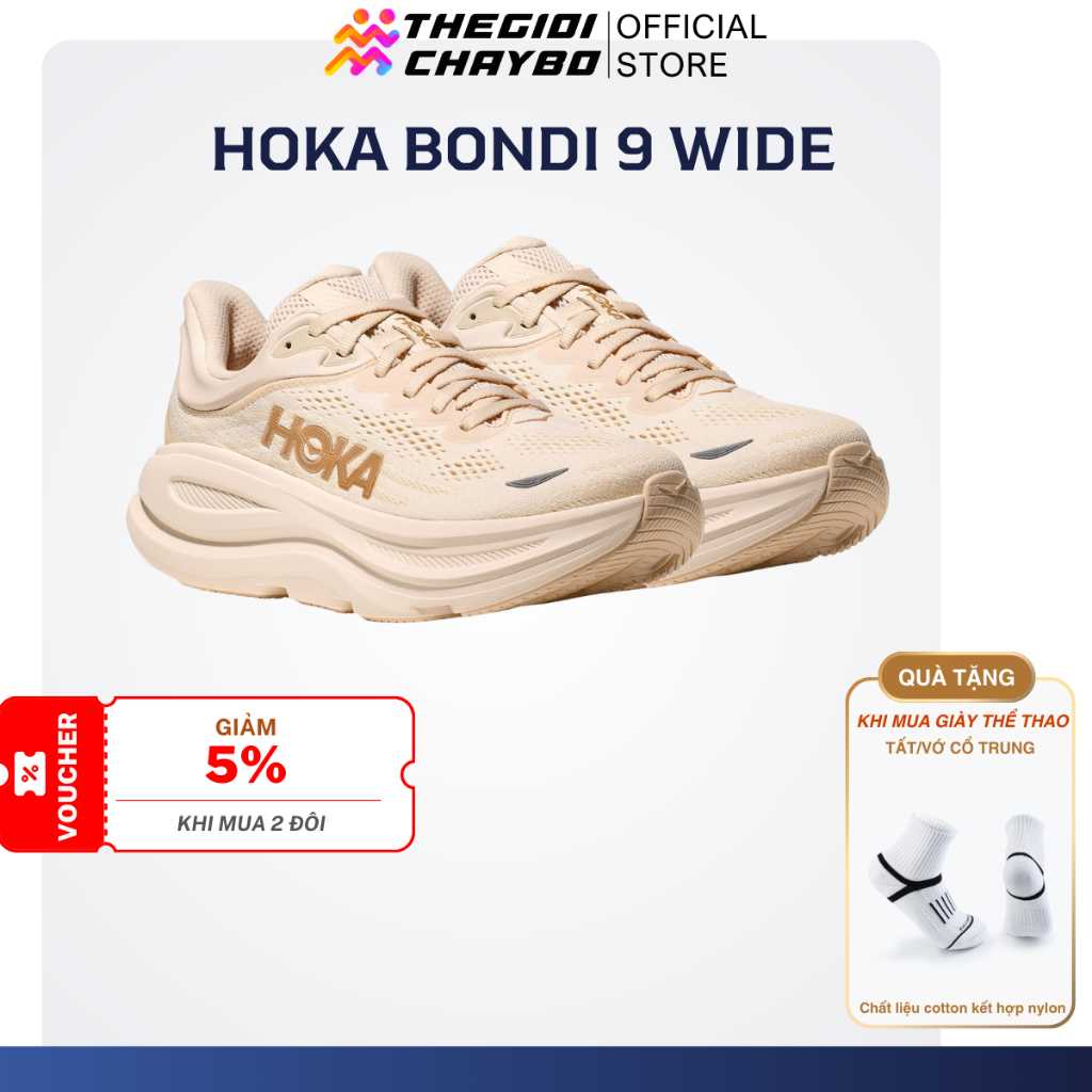 Giày Chạy Bộ Nữ Hoka Bondi 9 Wide - Vanilla / Birch