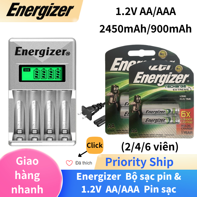 Chính Hãng Energizer 2/4 Viên Pin Sạc Dung Lượng Pin AA 2450mAh/AAA 900mAh Ni-mh 1.2V Energizer 4 khe Bộ Sạc