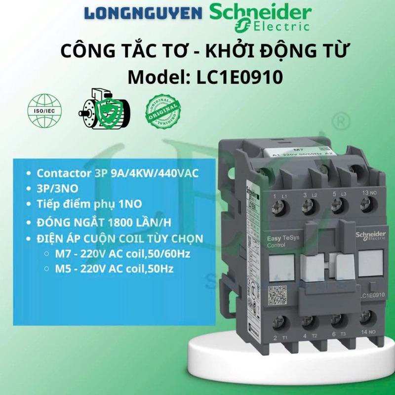 Công tắc tơ Schneider LC1E0910M5 3P/3NO 9A 4kW 1NO cuộn hút 220VAC chính hãng
