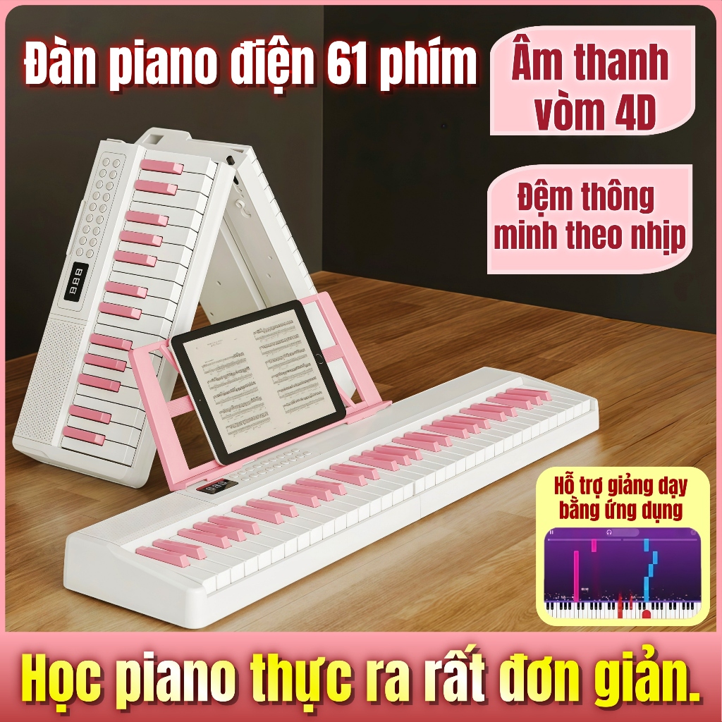 Đàn piano điện 61 phím di động cho người mới bắt đầu, dùng cho giảng dạy mầm non & người lớn, gấp gọn đa chức năng.