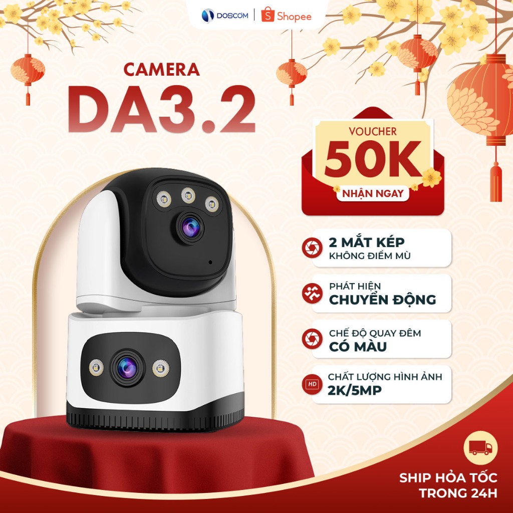 Camera Wifi 2 Mắt Trong Nhà Doscom DA3.2 - Camera Kép Siêu Nét 6MP Giám Sát 360 Độ