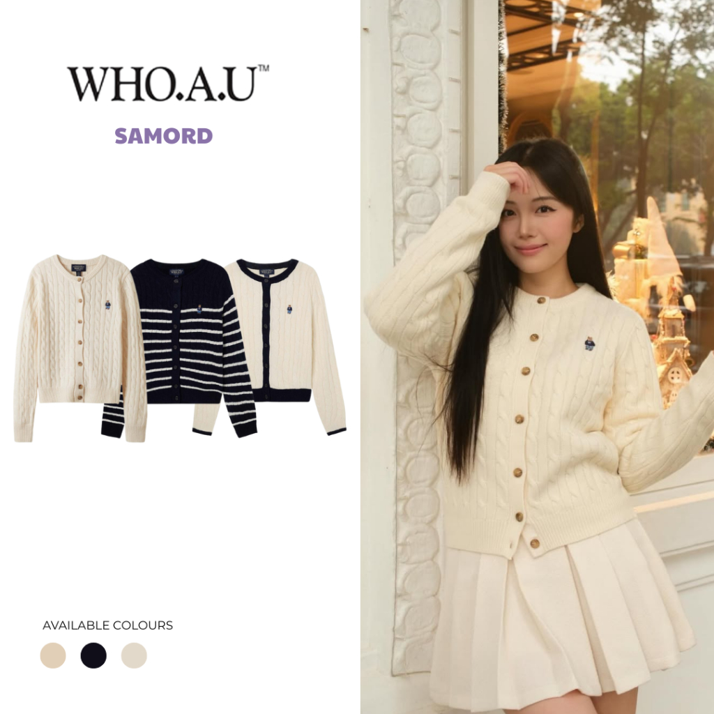 Áo len cardigan dài tay Whoau WHCKF4901F thêu logo nổi hình gấu dày dặn thời trang Hàn Quốc mã mới