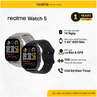 Đồng hồ thông minh realme Watch 5 | AMOLED 1.97” | Pin 14 ngày, GPS La bàn độc lập, Chế độ chơi game