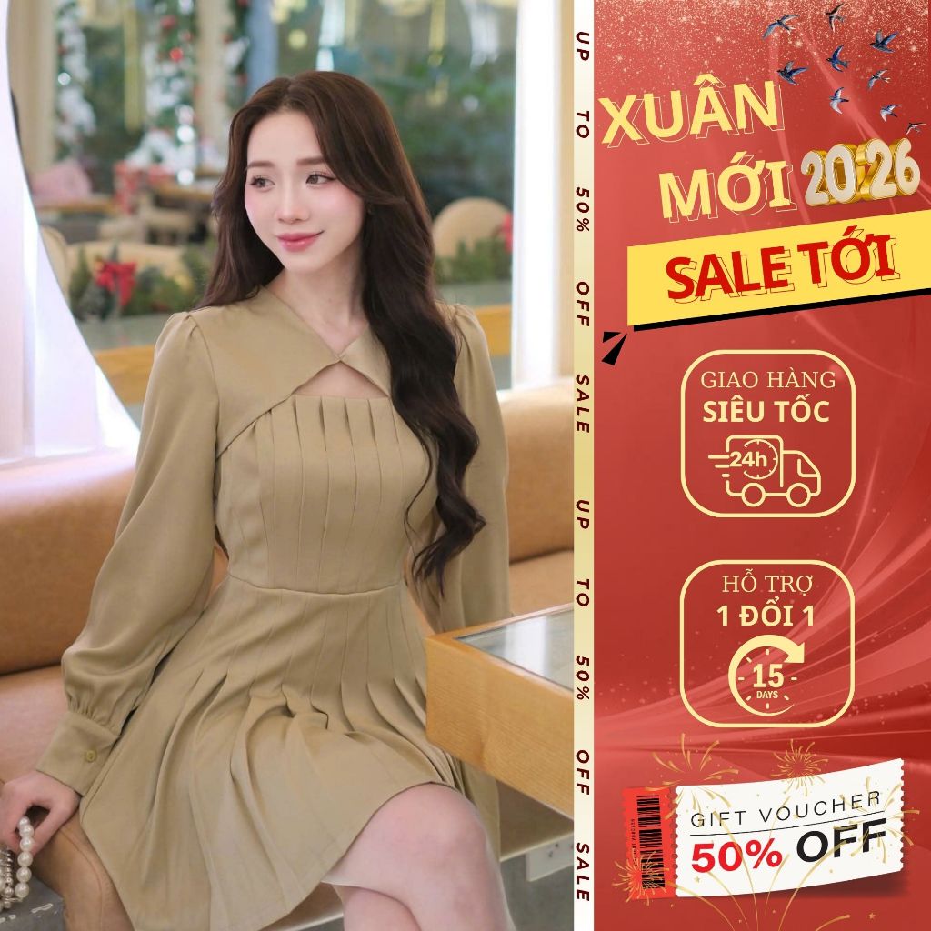 Váy liền thân tay dài dáng ngắn EMILI DESIGN váy đi tiệc xếp ly phong cách Hàn Quốc [T1047]