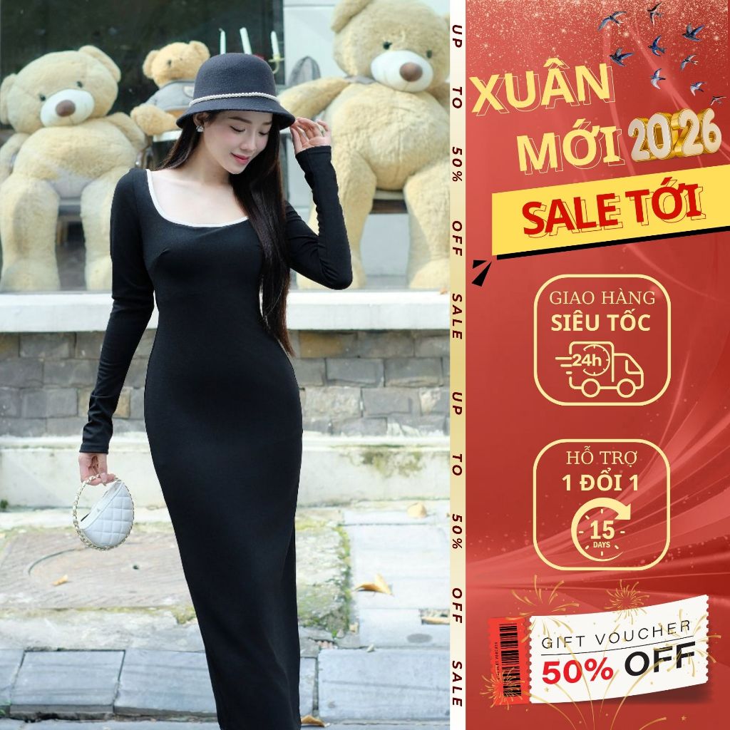 Đầm body cổ vuông dài tay Emili Design tôn dáng quyến rũ [V238]
