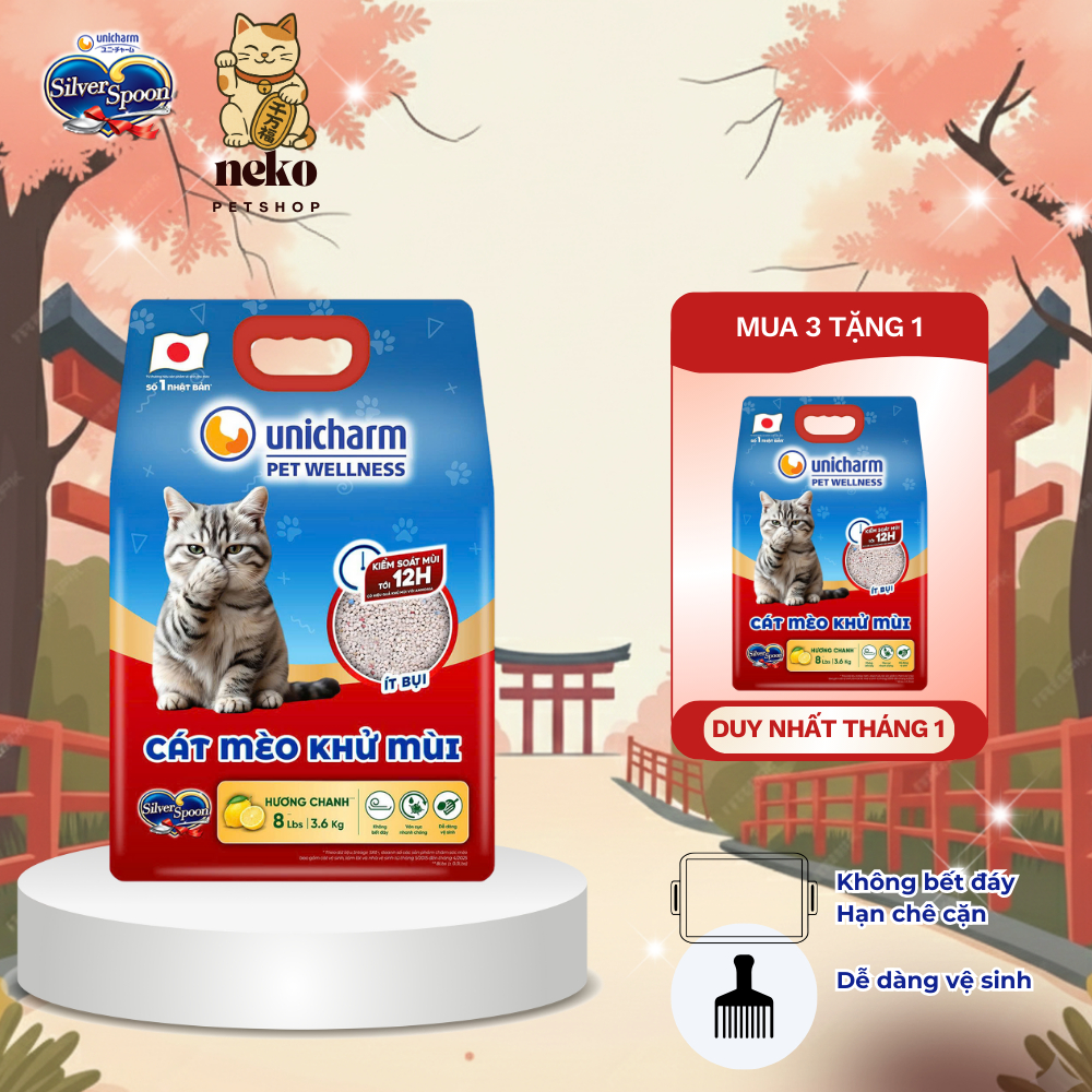 [Combo 3] Cát mèo khử mùi Silver Spoon Unicharm Pet Wellness, hương cà phê/hương chanh 8 Lbs (3.6 kgx3)