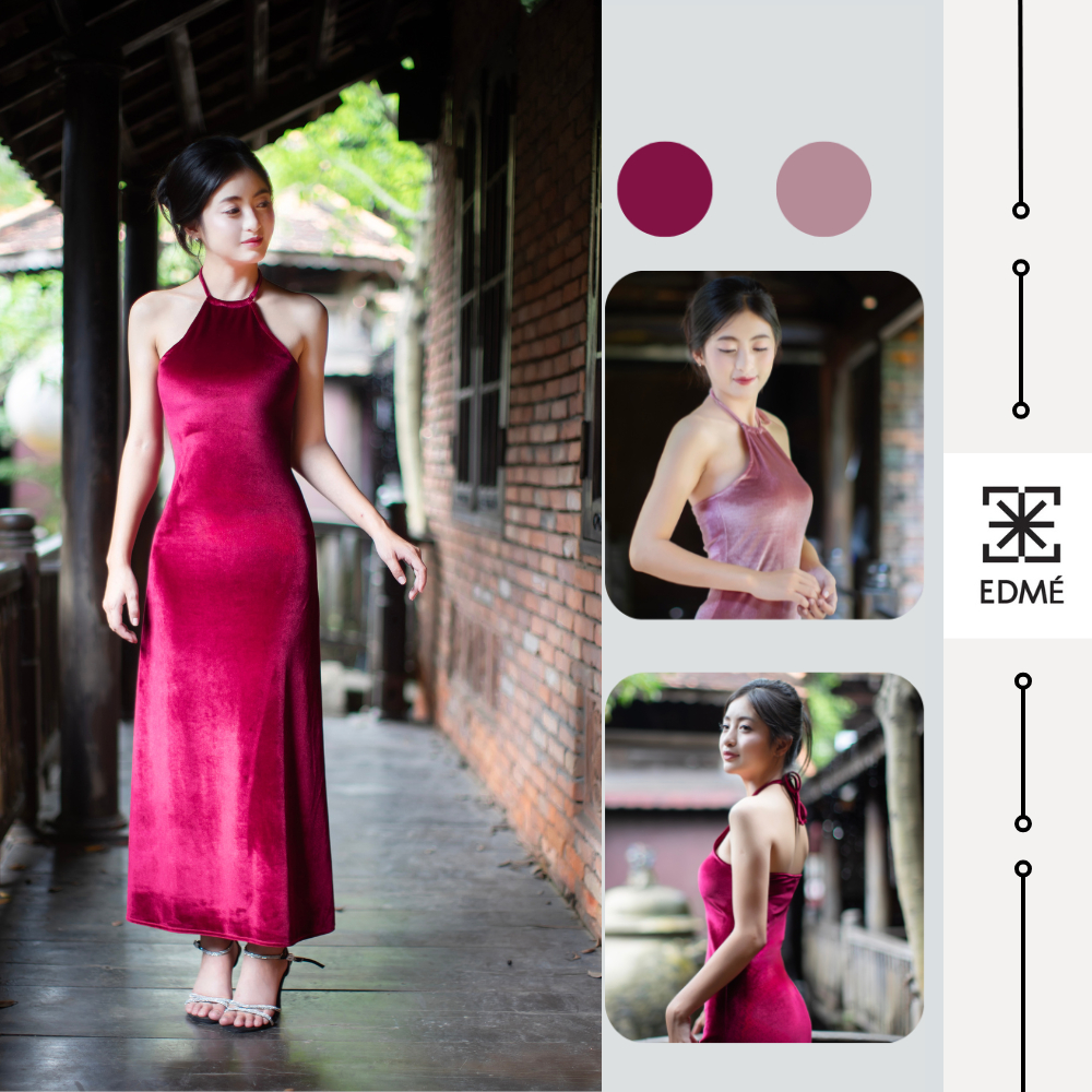 Đầm Cổ Yếm Dáng Dài Màu Đỏ Đô / Hồng Tím – Đầm Maxi Cổ Yếm Hở Lưng Quyến Rũ Dự Tiệc, Du Lịch | EDMÉ 