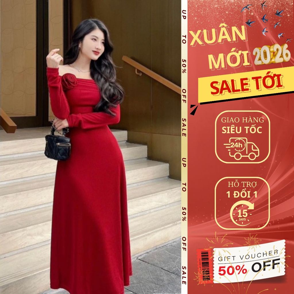 Đầm trễ vai đính hoa dài tay Emili Design đầm đi tiệc sang trọng [V256]