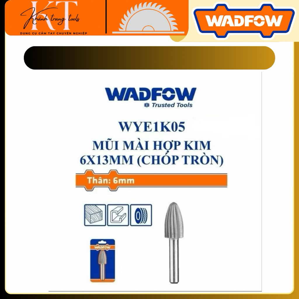 Mũi Mài Hợp Kim Wadfow WYE1K05 6x13mm Chóp Tròn – Thân 6mm, Thép GCr15, Dùng Cho Gỗ Cao Su Nhôm