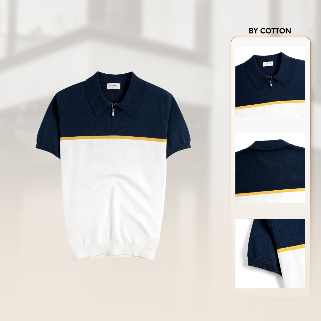 [NEW COLLECTION] Áo Polo Nam Cao Cấp Dệt Kim By Cotton Trắng Phối Xanh Đen - BY COTTON