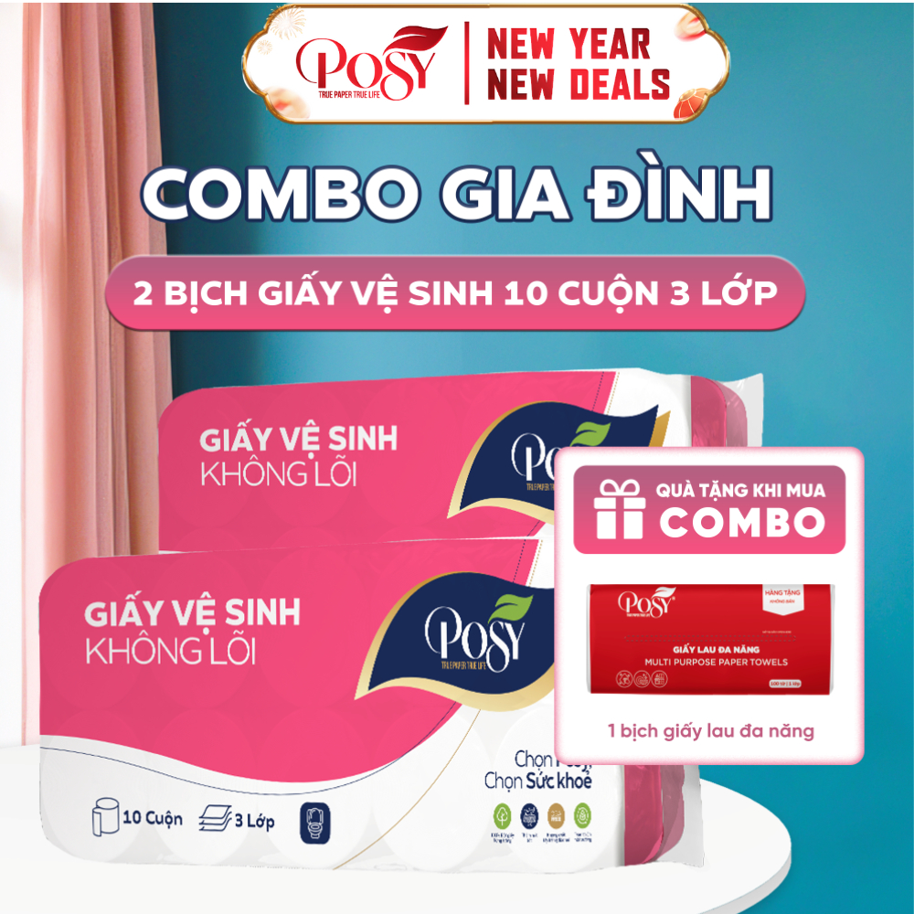 POSY - COMBO GIA ĐÌNH - SET 2 BỊCH GVS 10 cuộn 3 lớp Posy (1.6kg/bịch) mềm mịn, thoáng nhẹ, tiết kiệ