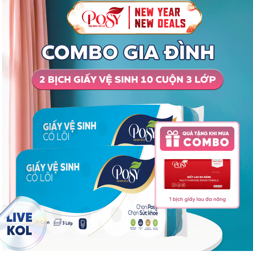 [Live Kol - Combo Gia Đình S3] 2 Bịch Giấy Vệ Sinh Posy 10 Cuộn 3 Lớp Mịn Dễ Tan Có Lõi/ Không Lõi