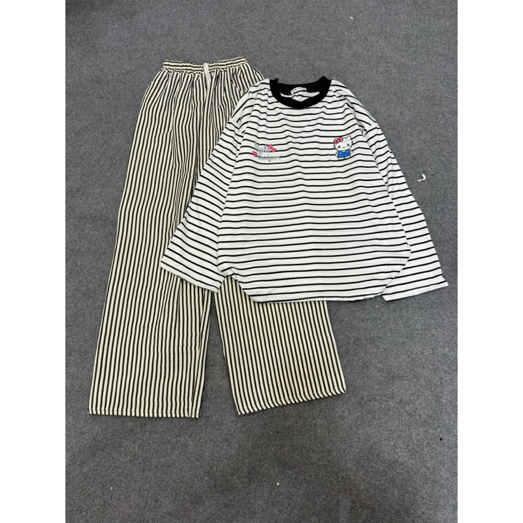 Set bộ áo thun dài tay kẻ sọc kitty habo mix quần xuông kẻ dọc