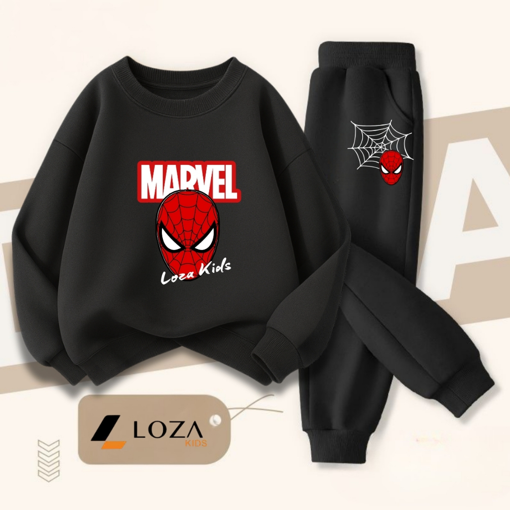 Bộ nỉ cho bé trai màu đen in nhiều hình size 18-42kg - Quần áo nỉ cho trẻ em Loza Kids BI002