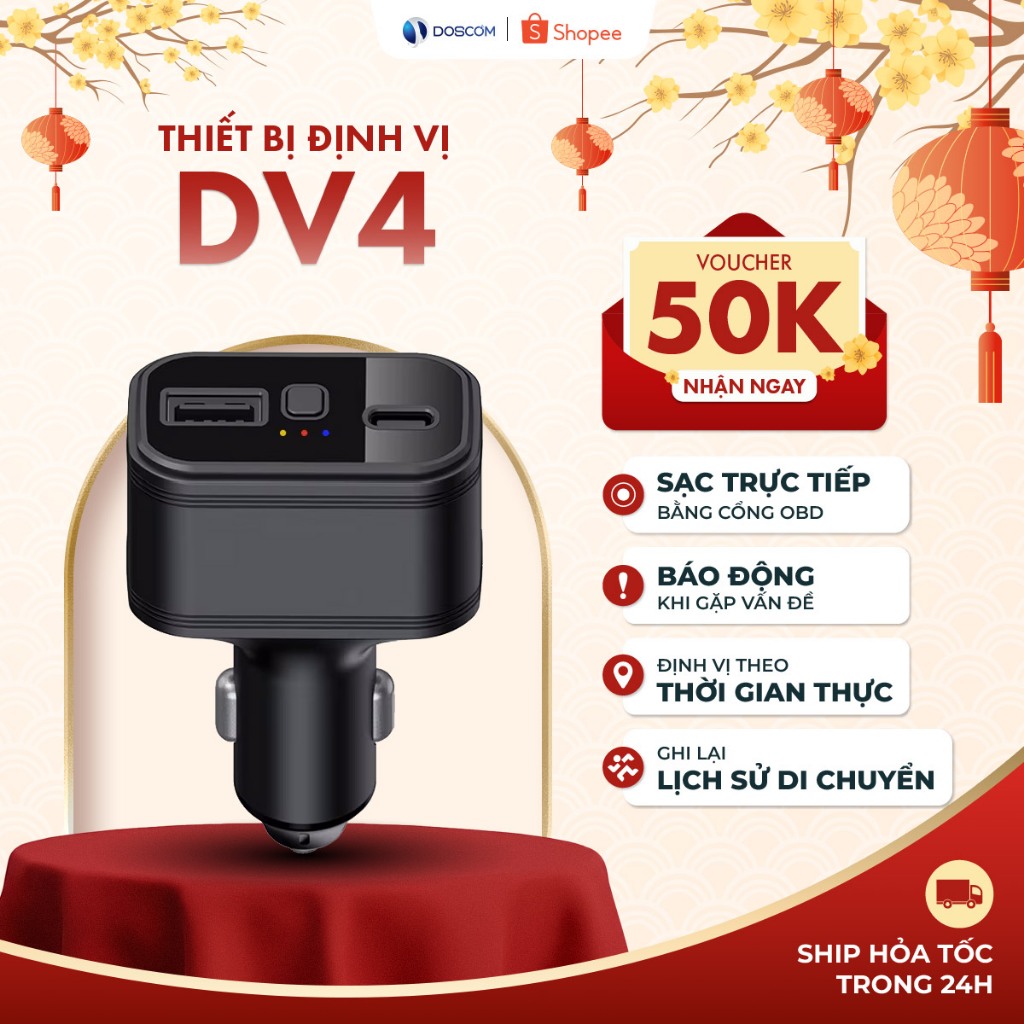 Thiết Bị Định Vị Cho Ô Tô Dạng Tẩu Thuốc Lá Doscom DV4, Tích Hợp Định Vị GPS Toàn Cầu, Bảo Hành 12 T