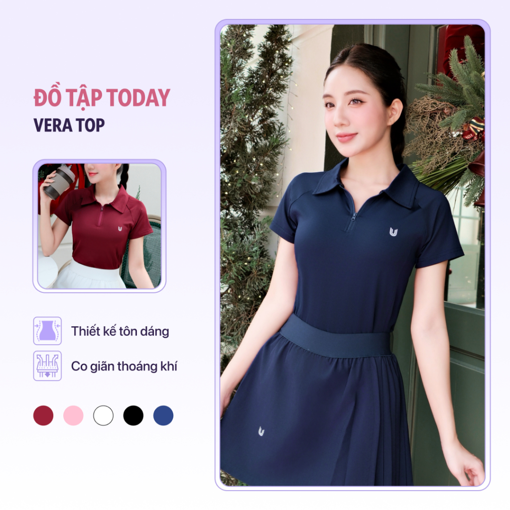 Áo thể thao cổ polo khóa kéo Vera Top Today U Wear chất liệu mềm mại thoáng mát chơi pickleball tenn