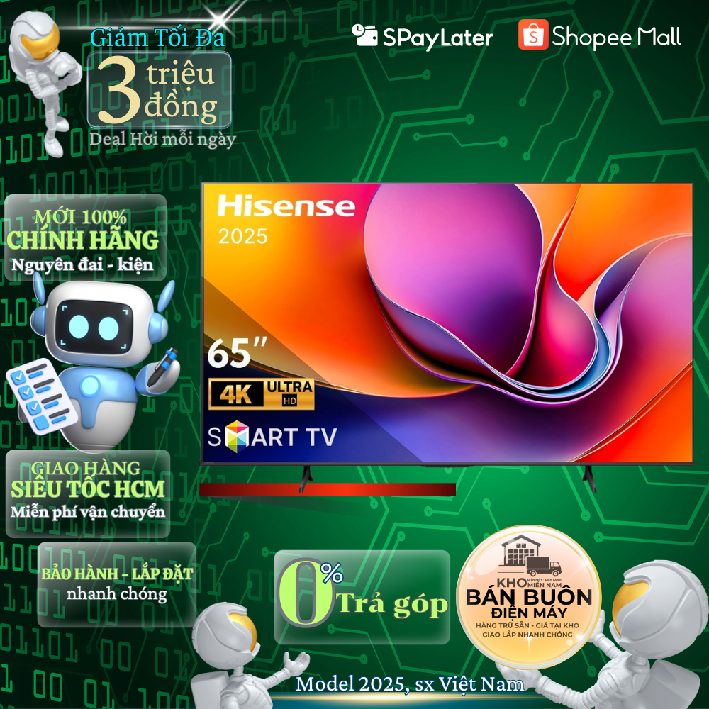 65A6Q Smart Tivi Hisense 4K 65 inch 65A6Q mẫu mới 2025, tìm kiếm giọng nói qua ứng dụng Vidaa