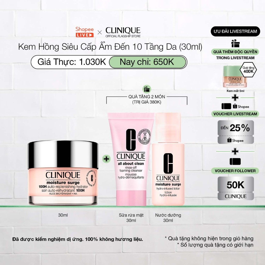 [Ưu đãi Livestream] Kem hồng dưỡng ẩm nhanh chóng 100H Clinique Moisture Surge 100H Auto-Replenishin
