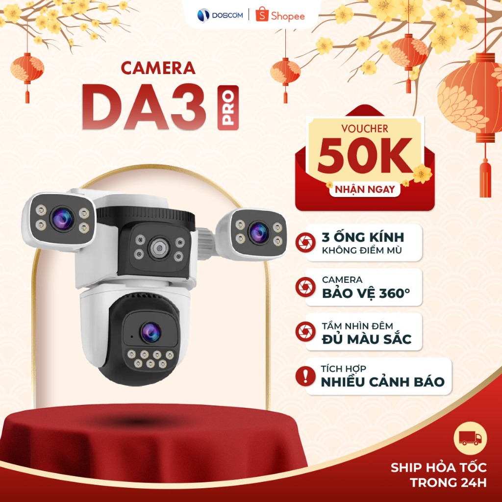 Camera Wifi Ngoài Trời 3 Mắt Doscom DA3 Pro Giám Sát An Ninh Toàn Diện, Góc Quay Rộng 360 độ, Đàm Th