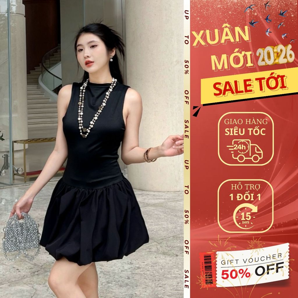 Váy cổ yếm ôm body chân váy phồng - Đầm sang trọng, tôn dáng - Thời trang LANANG V417