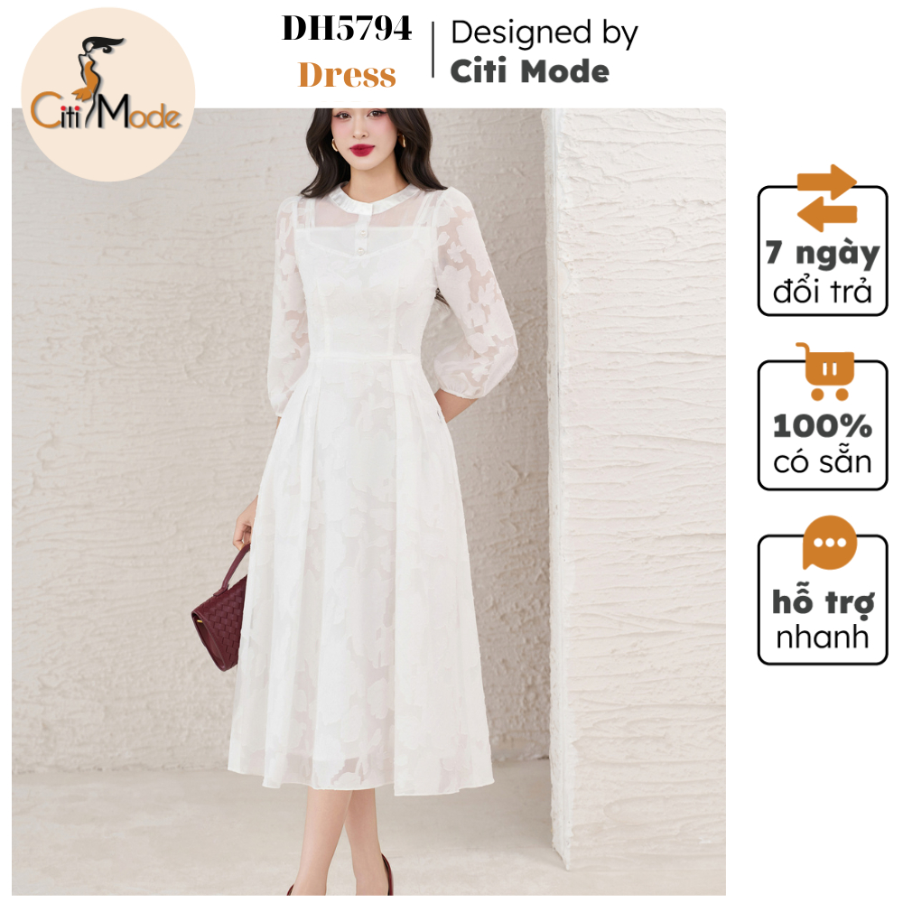 Đầm công sở CITI MODE FASHION thiết kế Đầm xòe ren trắng tay lỡ cổ tròn DH5794
