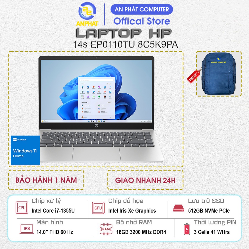 Laptop HP 14s EP0110TU 8C5K9PA, Core i7-1355U, 16GB RAM, 512GB SSD, 14.0 FHD, Win 11