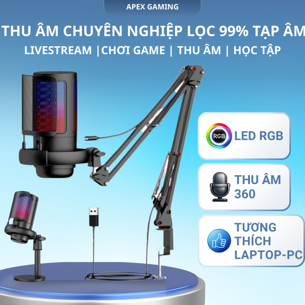 Micro Thu Âm Để Bàn ME6S, Mic Livestream Có Màng Lọc Tạp Âm, Sử Dụng Cho PC-Laptop-Điện thoại Led RG
