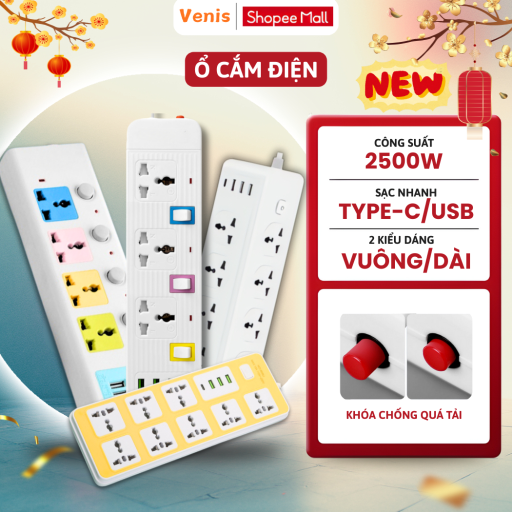 Ổ Cắm Điện Đa Năng Cổng USB Sạc Nhanh 5V Dây 4m Chịu Tải 2500W Có Chốt Chống Giật An Toàn