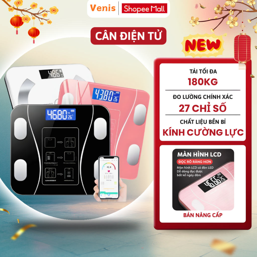 Cân Sức Khỏe Điện Tử Thông Minh Bluetooth Phân Tích Chỉ Số Cơ Thể – Sạc USB, Tải Trọng 180kg