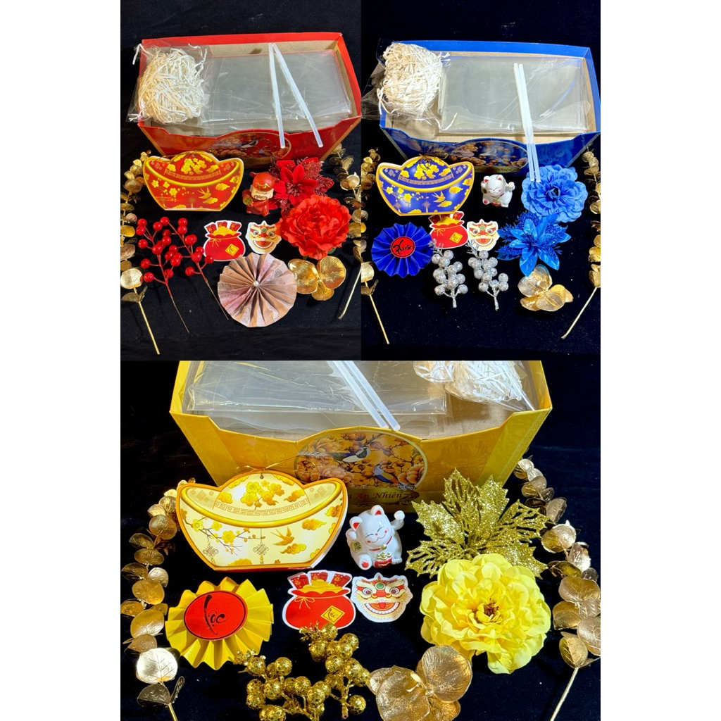 Combo Set Đế Thuyền Thỏi Vàng , Màng Co. Hoa Lá . Phụ Kiện Trang Trí Giỏ Quà Tết 2026. Phụ Kiện Làm 