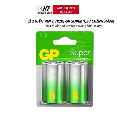 Vỉ 2 viên pin Đại GP Alkaline Super LR20 1,5V cho thiết bị công suất lớn, cần độ bền bỉ - Hàng chính hãng