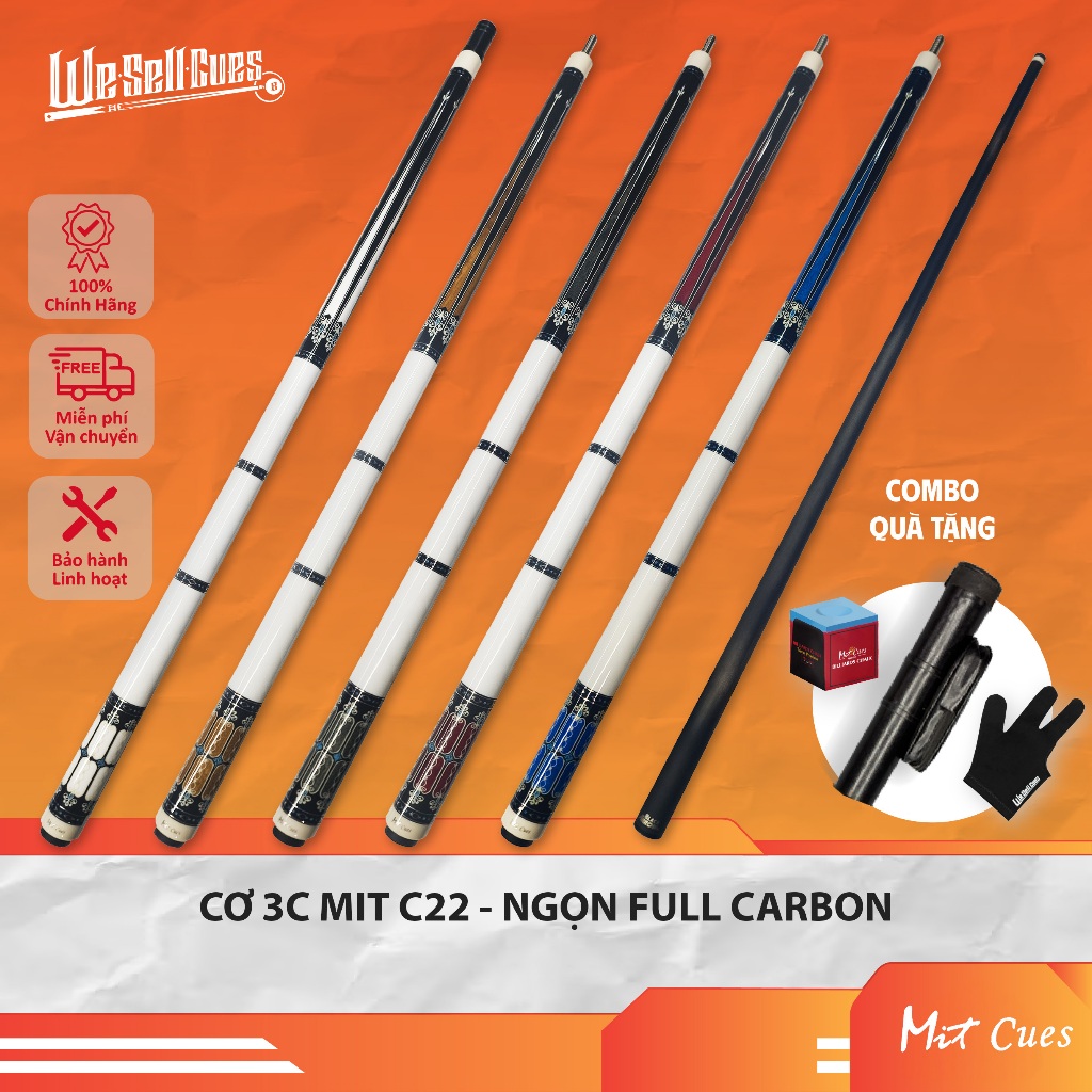 Cơ Bida 3C Mit C22 - Ngọn Black Arrow Full Carbon - Ren 3/8-10