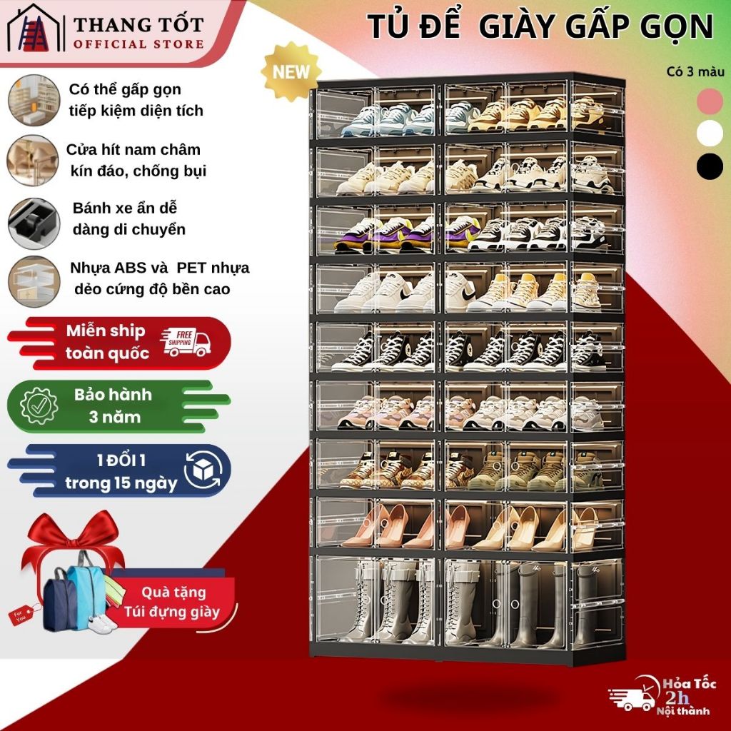 Tủ để giày gấp gọn THANG TỐT STORE 9104T-8-1G, chất liệu nhựa PP và PET, 9 tầng sức chứa 36 đôi, màu đen, có bánh xe