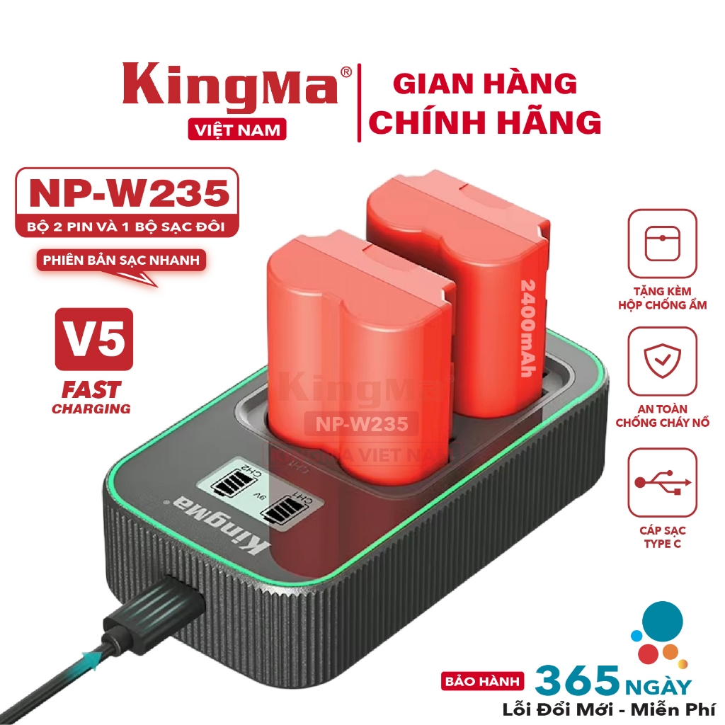 Bộ 2 Pin + 1 Dock Sạc Đôi NP-W235 KingMa Phiên Bản Mới Nhất NP-W235 Thế Hệ 5 Sạc Nhanh Gấp 1,8 Lần
