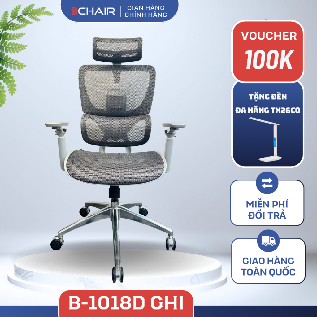 🌟 Ghế Công Thái Học B-1018D – Màu Ghi Sang Trọng, Tựa Tay 5D, Khung & Chân Nhôm Đúc Nguyên Khối