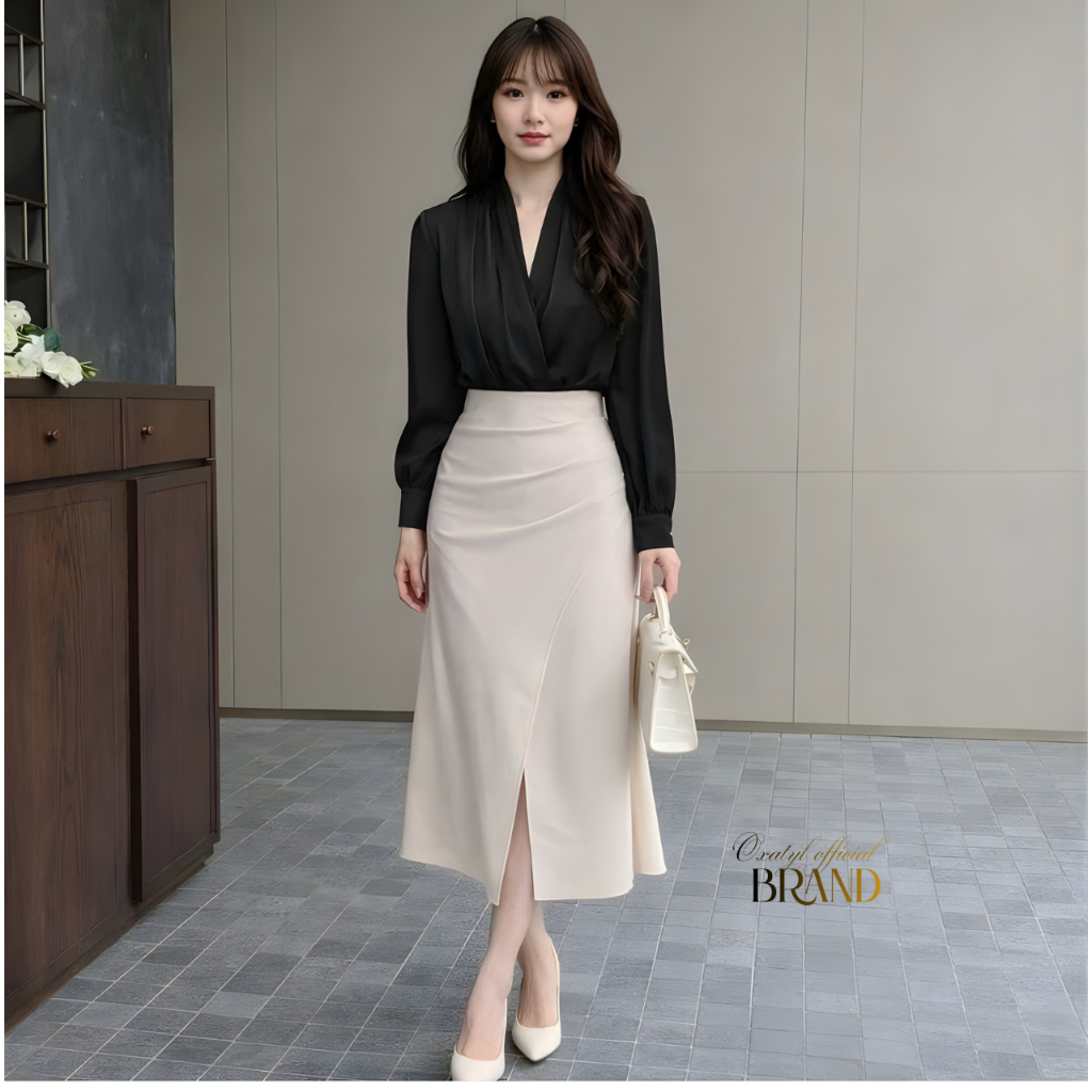 Áo sơ mi nữ kiểu cổ V tay dài Vải lụa cao cấp dày dặn Oxatyl A65 | BigBuy360 - bigbuy360.vn