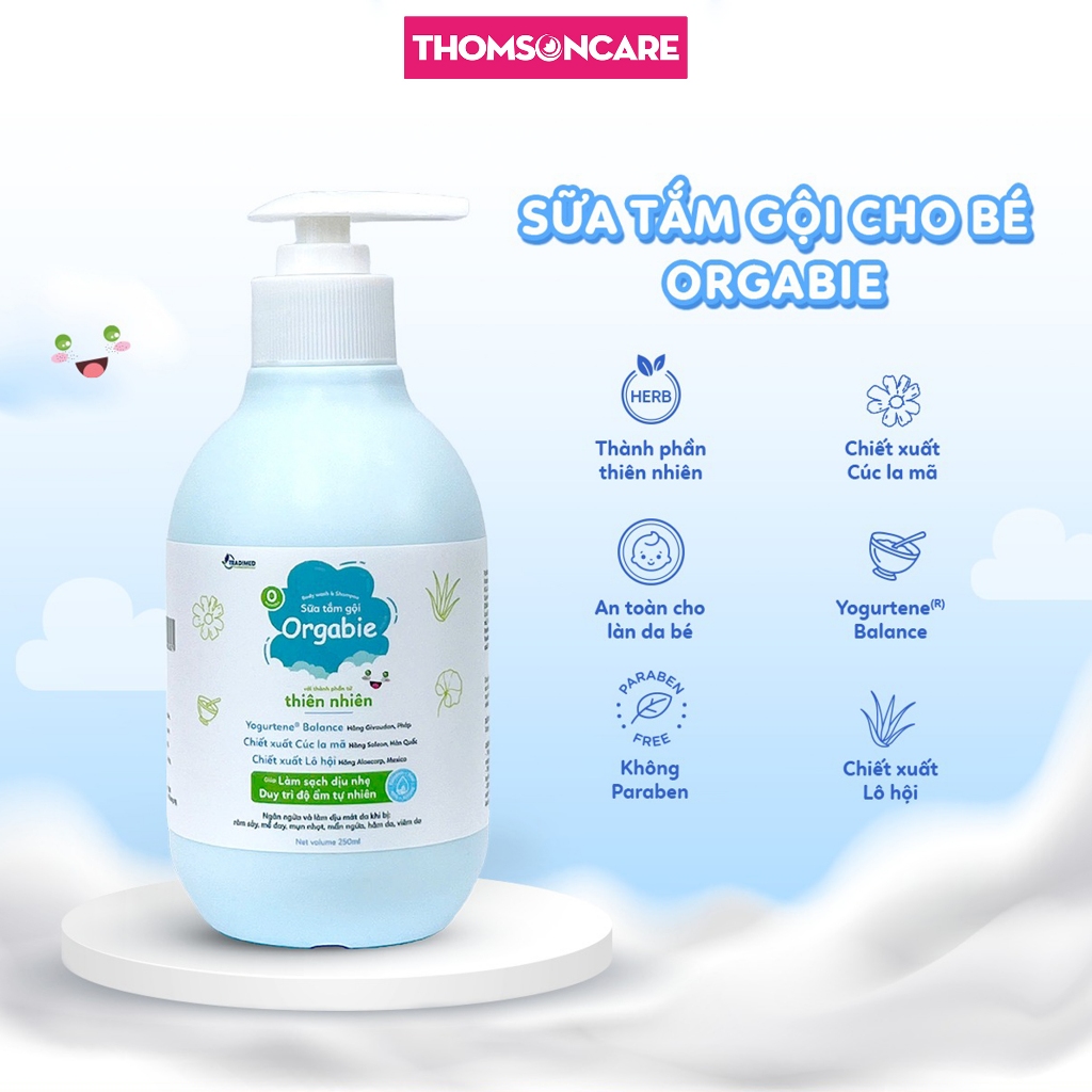 Sữa tắm gội cho bé từ thảo dược Orgabie - giảm rôm sảy, mẩn ngứa, hăm da cho trẻ từ sơ sinh - Thomso
