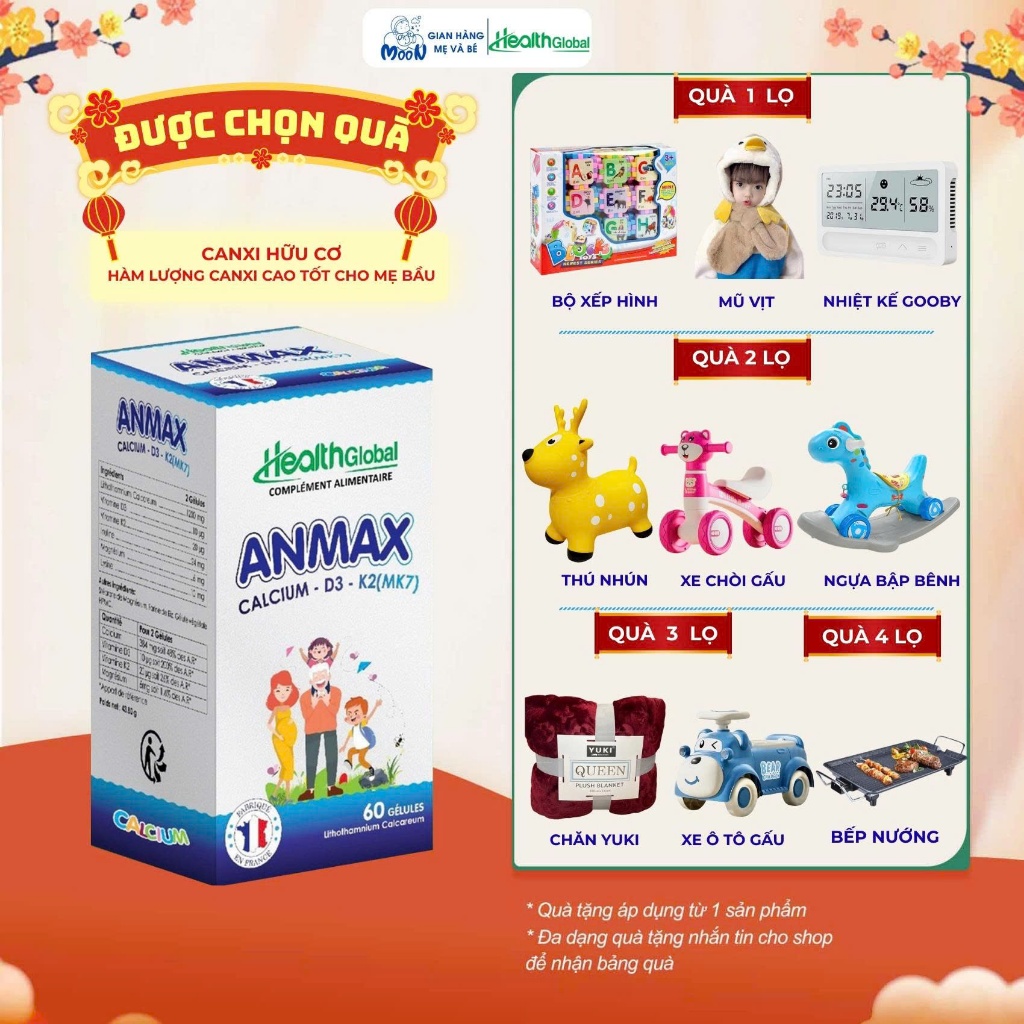 (Mẫu Mới) Viên Uống Canxi Hữu Cơ Anmax HealthGlobal. Giúp Xương Chắc Khỏe, Giảm Đau Lưng ( Hộp 60 vi