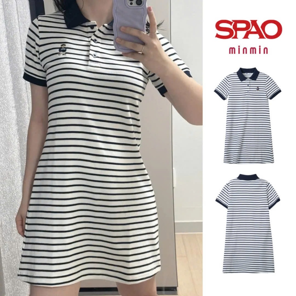 [AUTHENTIC 100%] Spao Korea váy polo nữ dáng suông kẻ ngang chất cotton cao cấp SPOMF37G50