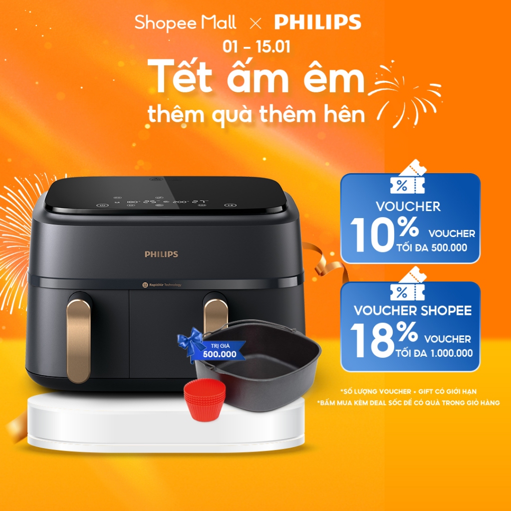 Nồi Chiên Không Dầu 2 ngăn 2 giỏ Philips NA352/00 | 2750W | 9 lít - Hàng Chính Hãng