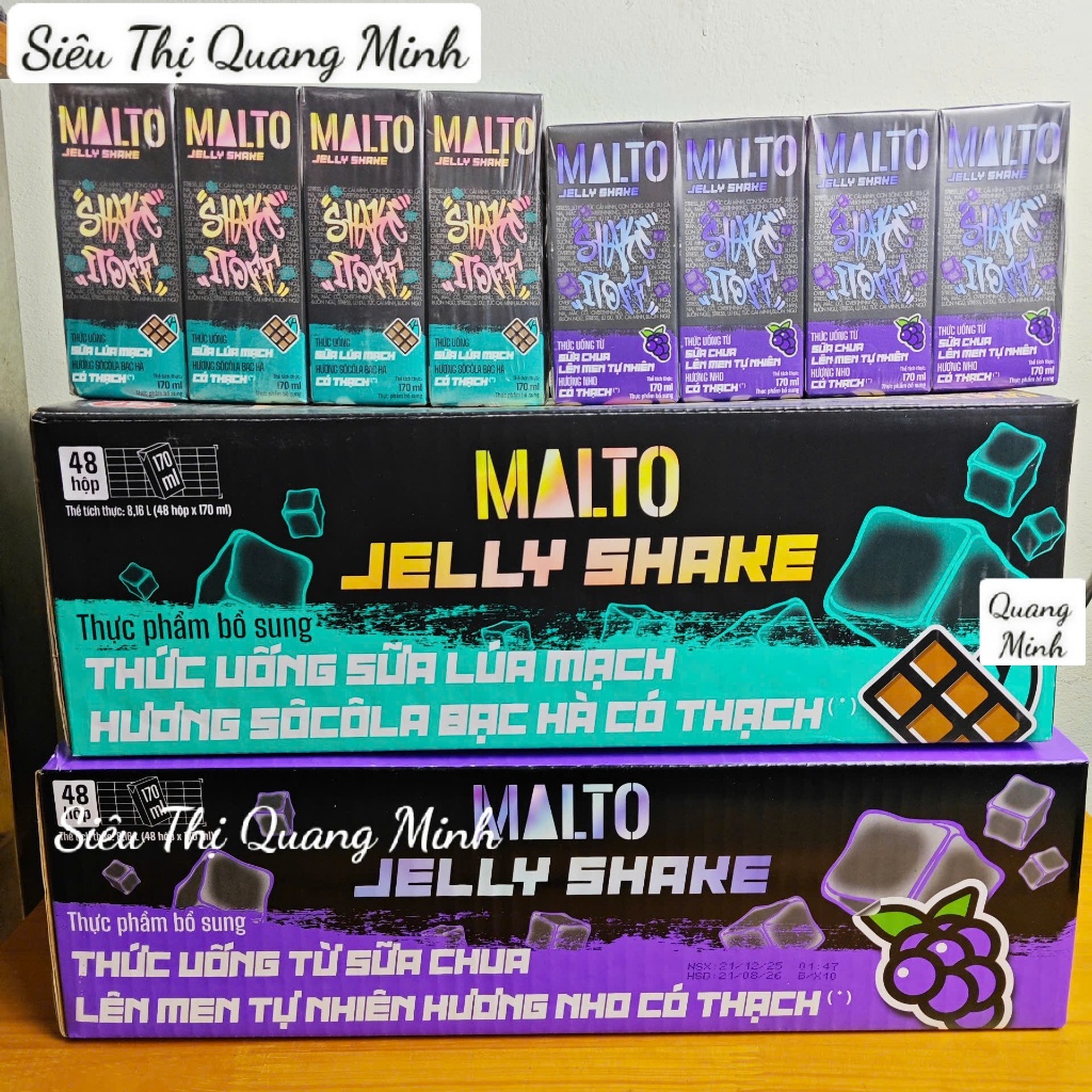 (Date Mới) Thùng Sữa Lúa Mạch Có Thạch MALTO Socola Bạc Hà, Nho 48 Hộp x 170ml