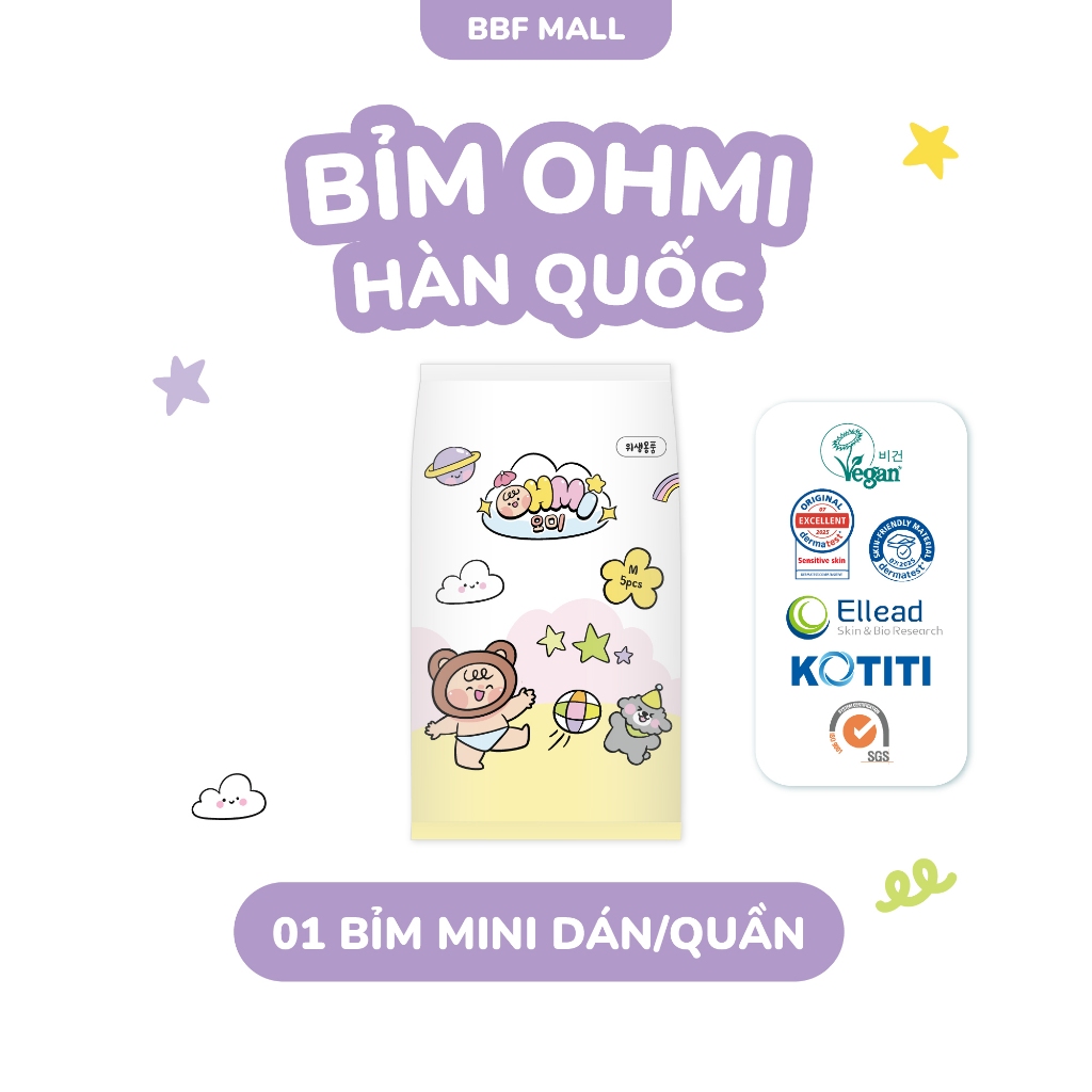 Tã Bỉm Mát OHMI Dán/Quần Hàn Quốc 5 Miếng Mini - Khô Thoáng 12H, Siêu Thấm Hút - Đủ Size Từ Sơ Sinh