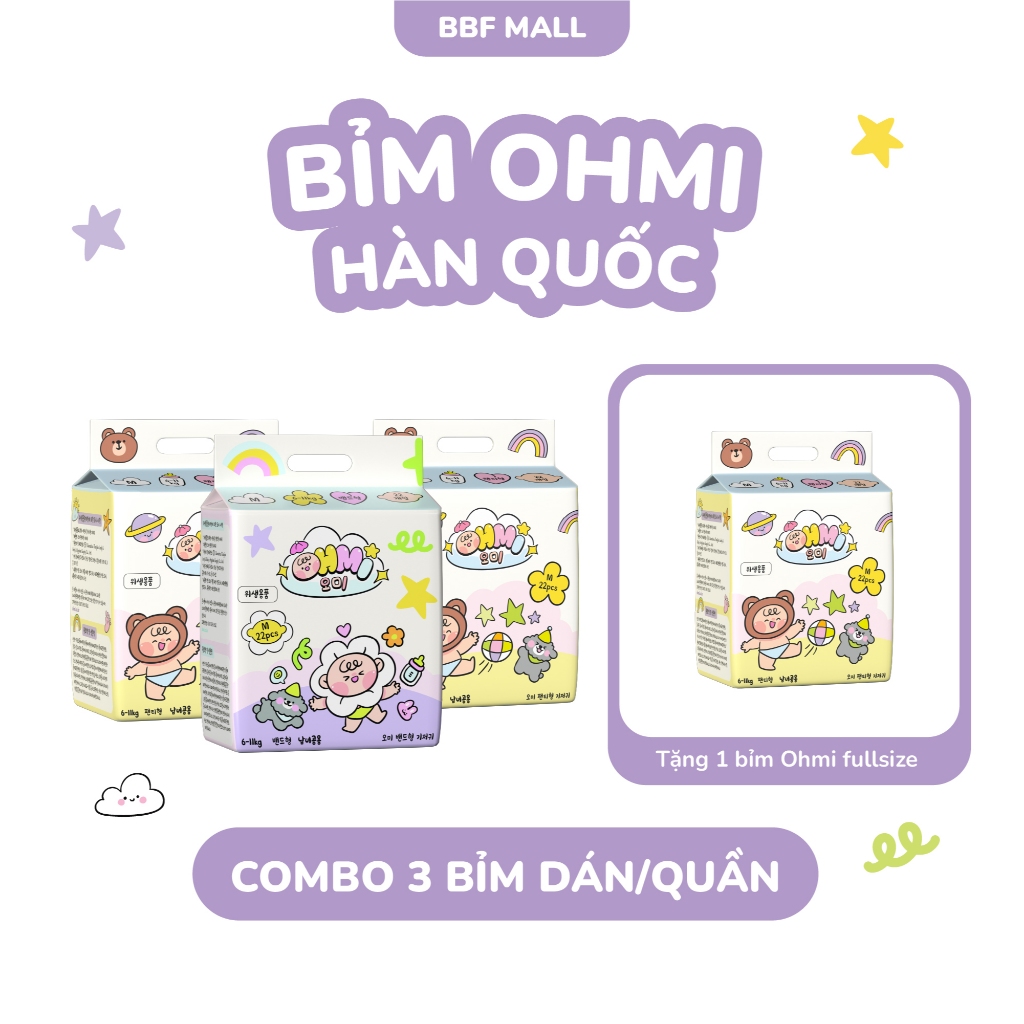 Combo 3 Tặng 1 Bịch Bỉm Mát OHMI Hàn Quốc - Khô Thoáng, Siêu Thấm Hút - Tã Bỉm Dán/Quần Đủ Size Từ S