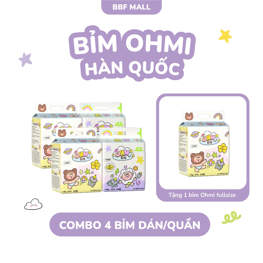 Combo Mua  4 Tặng 1 Bịch Bỉm OHMI Hàn Quốc - Siêu Thấm Hút, Khô Thoáng - Tã Bỉm Dán/Quần Đủ Size Từ 