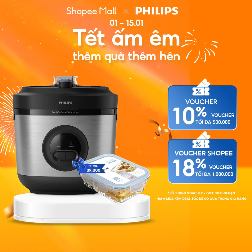 Nồi Cơm Điện Philips HD3213/31 1.8 lít | 5 lớp| nhiệt 3D - Hàng Chính Hãng