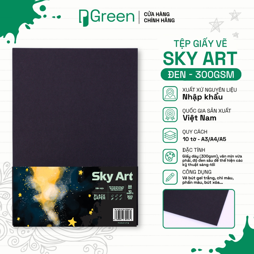 Tệp Giấy Vẽ Sky Art (Black) 300gsm - Size Giấy A3 A4 A5 - Giấy đen vân mịn | PGREEN