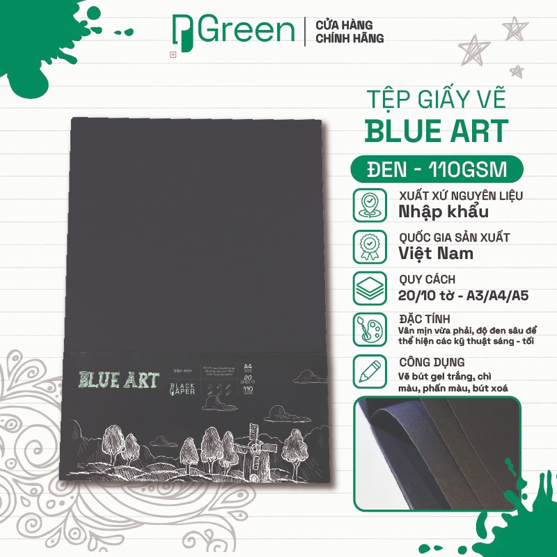 Tệp Giấy Vẽ Blue Art (Black) 110gsm - Size Giấy A3 A4 A5 - Giấy đen vân mịn | PGREEN