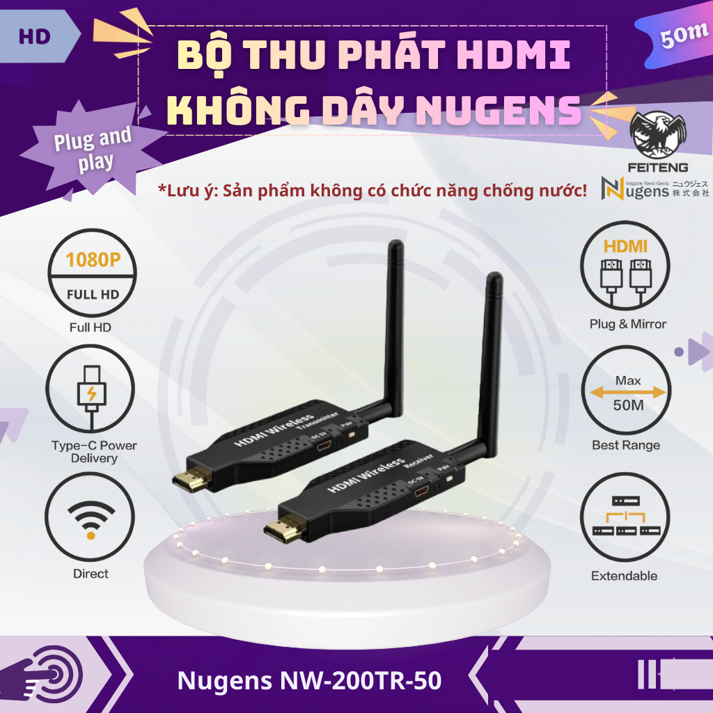 Thiết bị thu phát HDMI không dây 50m Nugens| Bộ chuyển đổi dùng cho PC, Laptop, kiosk quảng cáo...