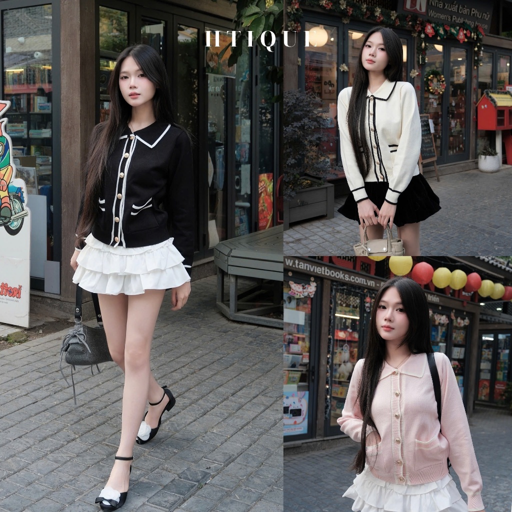 (BST thu đông HTIQUE) DEAL mở bán Áo len cổ bẻ ba màu có túi nhỏ, Áo len dệt kim tiểu thư dễ mix đồ 