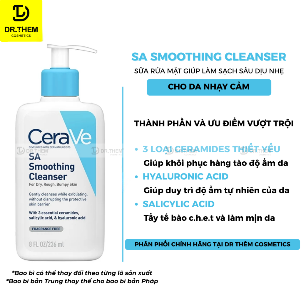 Sữa Rửa Mặt CeraVe SA Smoothing, Hydrating, Foaming Cleanser - Cho Da Dầu Mụn, Khô, Nhạy Cảm 88ml – 236ml – 473ml | BigBuy360 - bigbuy360.vn